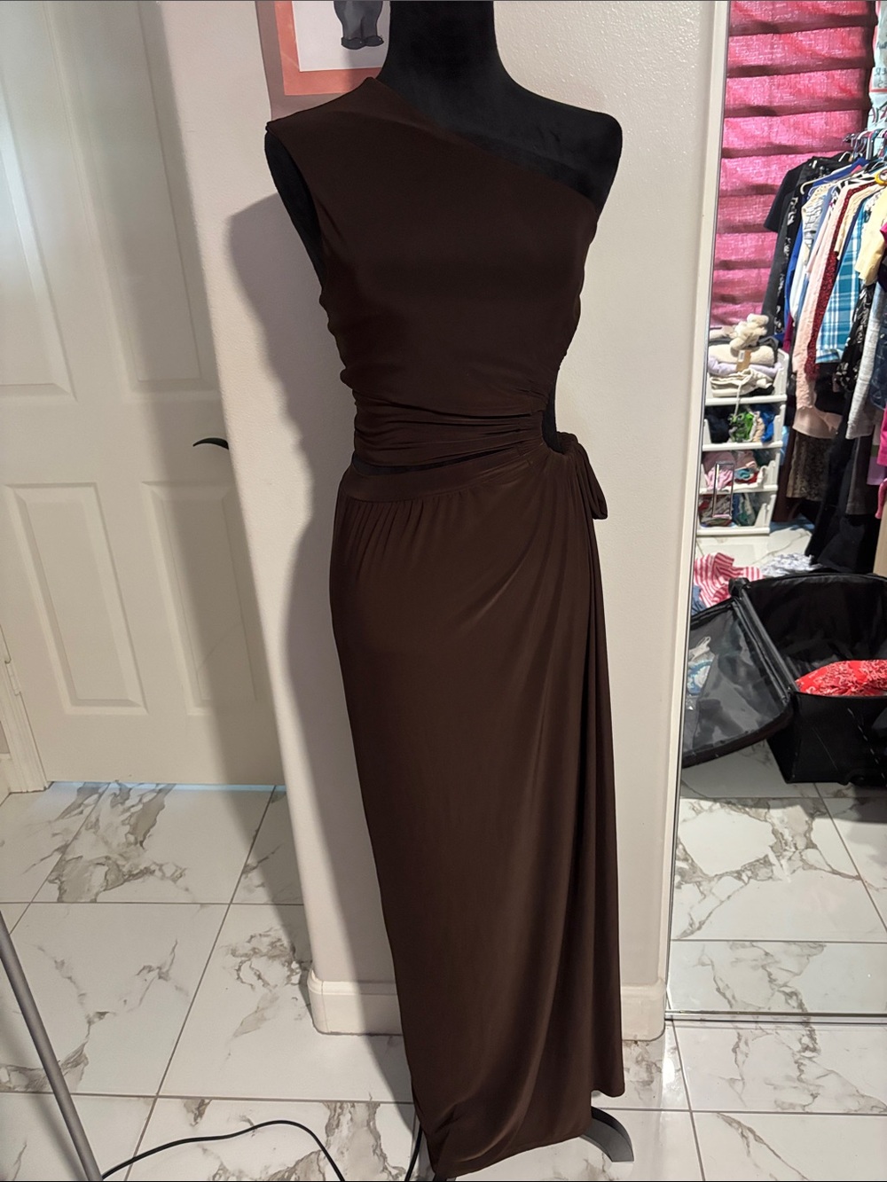 Fashion Nova Brown One-Shoulder Ruched Evening Gown